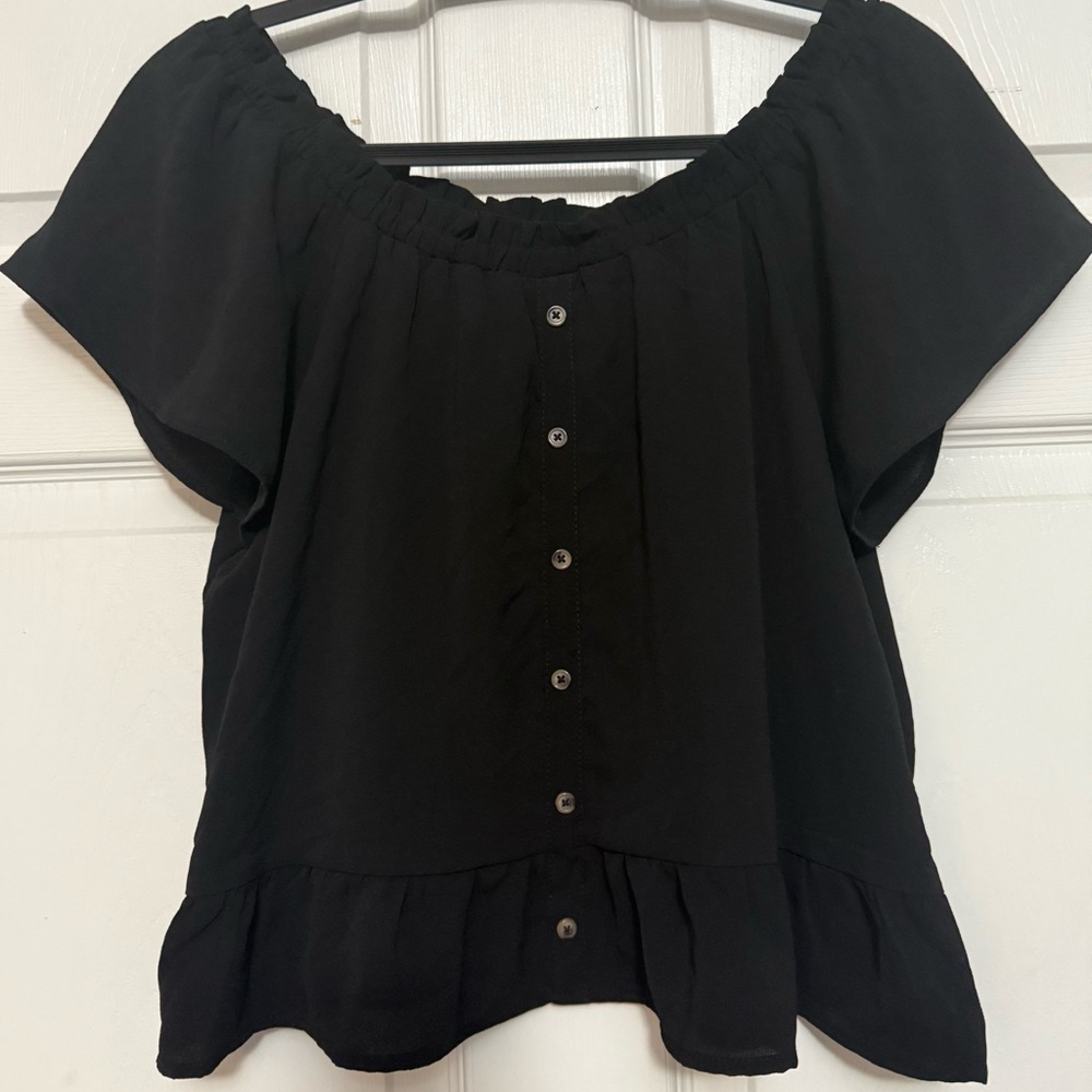 Pink Rose Black Off Shoulder Button-Up Blouse